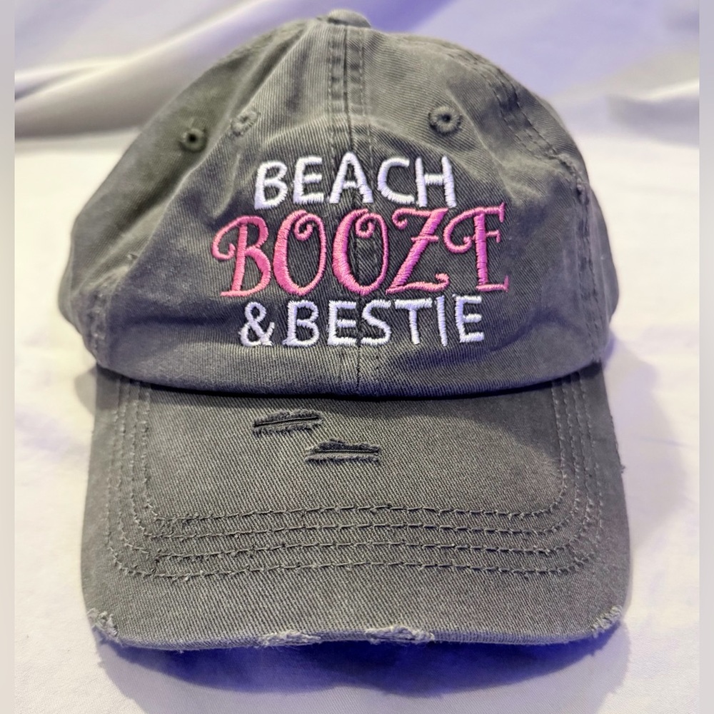 KBETHOS Gray Distressed Ponytail Cap Embroidered Beach Booze and Bestie NWOT